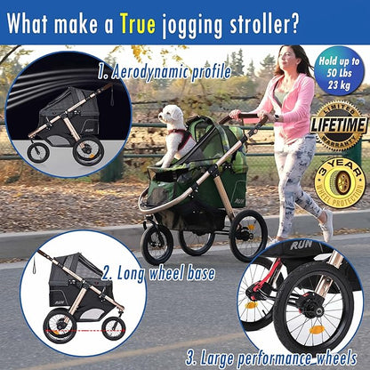 HPZ Pet Rover Run Performance Jogging Sports Stroller with Comfort Rubber Wheels/Zipper-Less Entry/1-Hand Quick Fold/Aluminum Frame for Small/Medium Dogs