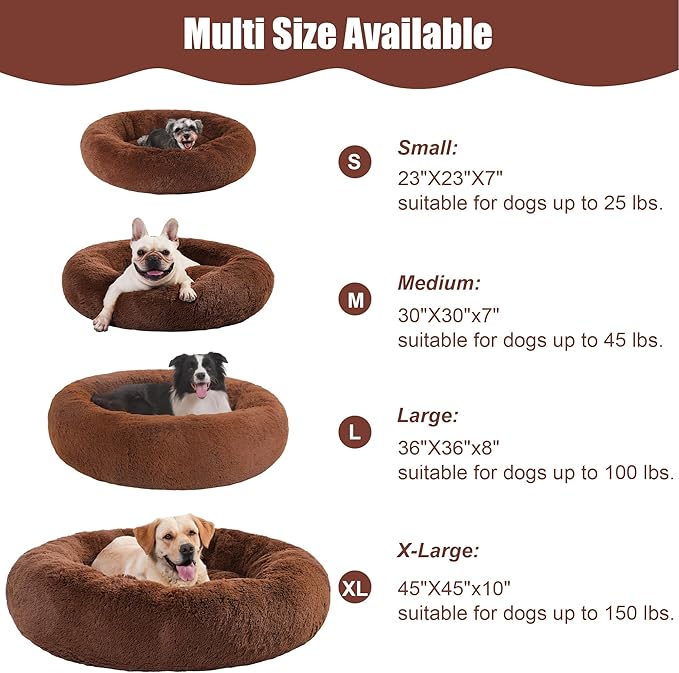 23" Calming Dog Bed,Anti Anxiety Donut Dog Bed,Plush Round Pet Beds for Small Dogs,Fluffy Faux Fur Cat Bed,Washable Cuddler Dog Bed(Brown,Small)