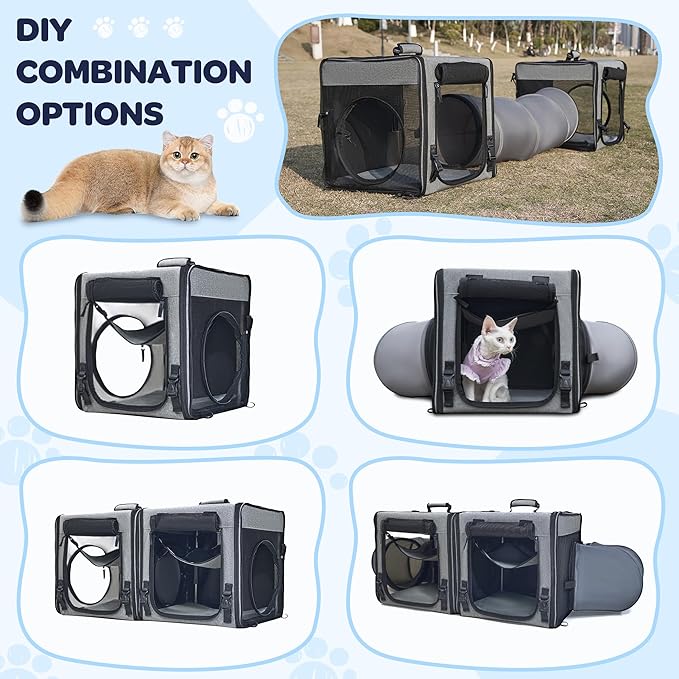 Portable Cat Carrier with Litter Box - Pet Carrier for 2 Cats and Puppy Home, Car Cat Travel Carrier, Outdoor Collapsible Cat Tunnel Toy, Includes Tote Bag/Soft Hammock/Mat, Large Cat Cage