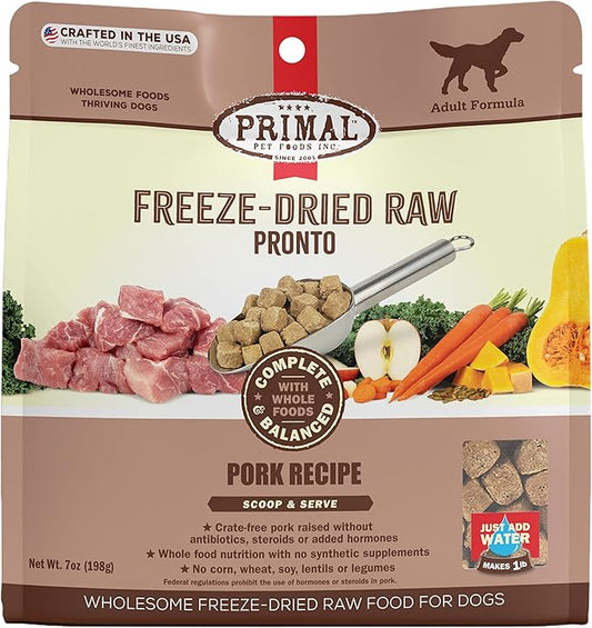 Primal Freeze Dried Dog Food Pronto, Pork; Scoop & Serve, Complete & Balanced Meal; Also Use As Topper or Treat; Premium, Healthy, Grain Free, High Protein Raw Dog Food (7 oz)