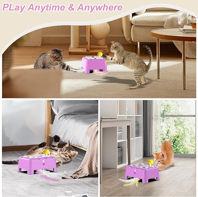 Interactive Cat Toys, 2-in-1 Automatic Cat Toy, 4 Holes Mice Whack A Mole Cat Mouse Toy with Moving Feather, Portable USB Rechargeable Electronic Kitten Toys Pink