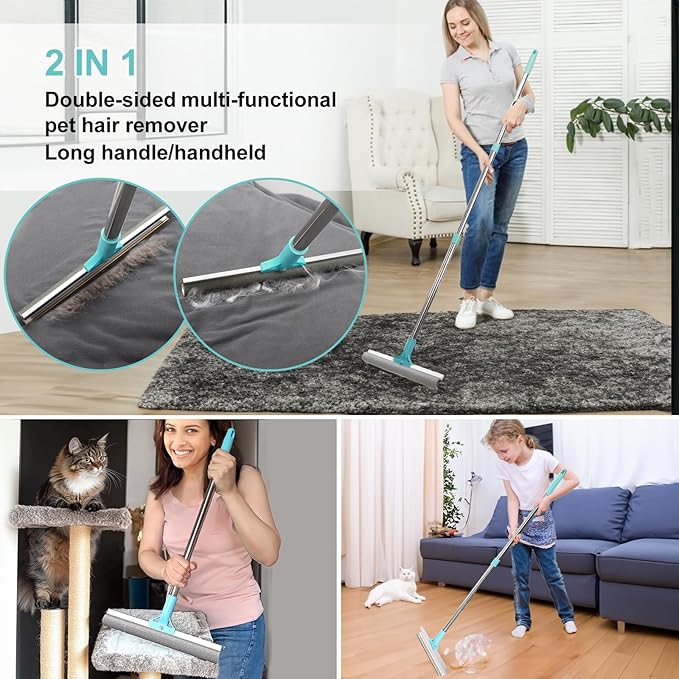 Carpet Rake for Pet Hair Removal, 2 in 1 Adjustable Long Handle Dog/Cat Hair Remover Brush, HOSDFOIER Animal Hair Rug Scraper for Floor/Furniture, Portable Mini Lint Cleaning Tool for Couch/Car