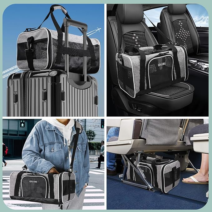 Petskd Pet Carrier 17x12x8.5 JetBlue Allegiant Airline Approved,Pet Travel Carrier Bag for Small Cats and Dogs, Soft Dog Carrier for 1-13 LBS Pets,Dog Cat Carrier with Safety Lock Zipper(Grey)