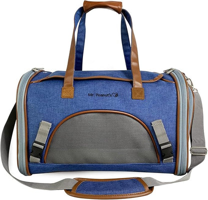 Mr. Peanut's Expandable Airline Approved Soft Sided Pet Carrier, Low Profile Gold Series Tote, Premium Brand Self Locking Zippers, Plush Faux Fleece Bedding with a Sturdy Plywood Base (Deja Blue)