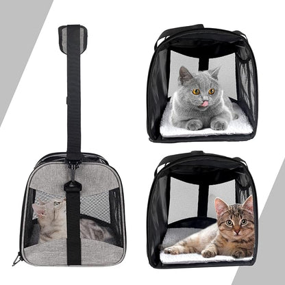 Cat Carrying Case - Pet Carrier Airline Approved, Protable and Breathable Pet Travel Carrier Removable Fleece Pad, Collapsible Cat Carrier Dog Carrier for Medium Cats Small Cats Dogs (X-L Grey&Black)