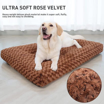 KSIIA Washable Dog Bed Deluxe Plush Dog Crate Beds Fulffy Comfy Kennel Pad Anti-Slip Pet Sleeping Mat for Large 41" x 27", Brown