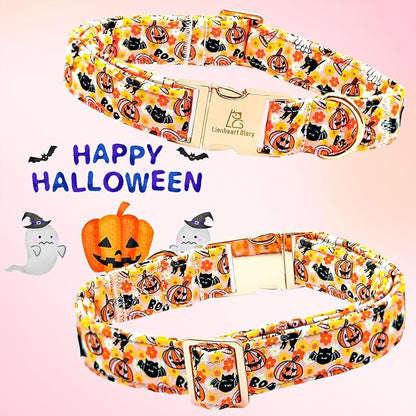 Lionheart glory Premium Halloween Dog Collars Flower Dog Collar Heavy Cotton Adjustable Fall Dog Collar for Medium Dogs Pumpkin Dog Collar Flower Dog Collar with Bow Tie