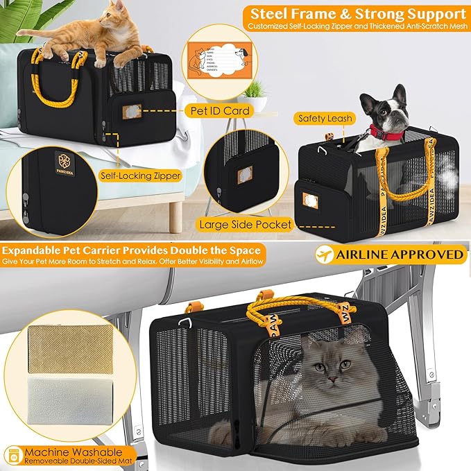 PAWZIDEA Double Pet Stroller for 2 Cats Dogs Small & Medium, TSA Airline Approved Cat Carrier Expandable, Cat Stroller with Removable Carrier Bag, 2 Dog Stroller Detachable Carrier, Travel Car Seat