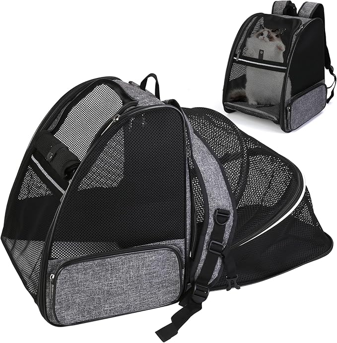 Cat Carrier Expandable Backpack, Airline Approved Pet Carriers for Small Dogs, Large Cat Bag Carrier, Foldable Collapsible Travel Bookbag for Carrying Cats Puppy Kitten Bunny Bird Chicken (Black)