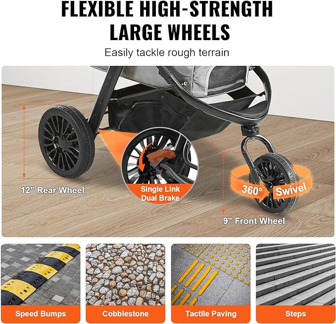 VEVOR Large Pet Stroller for Dogs Cats up to 75lbs 3 Wheels