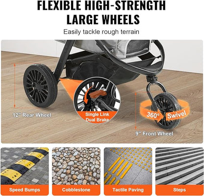 VEVOR Large Pet Stroller for Dogs Cats up to 75lbs 3 Wheels