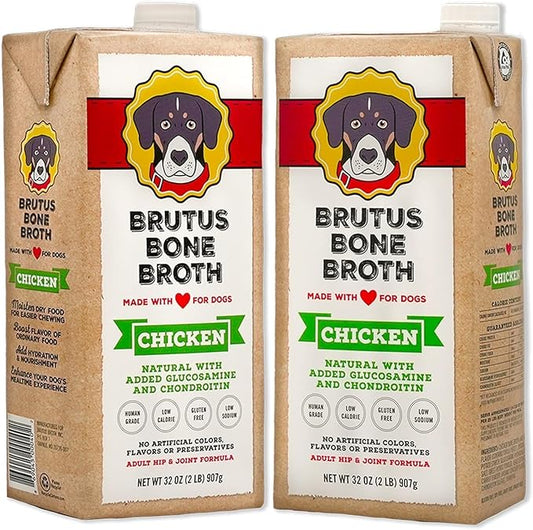 Brutus Chicken Broth for Dogs - All Natural Chicken Bone Broth for Dogs with Chondroitin Glucosamine Turmeric -Human Grade Dog Food Toppers for Picky Eaters & Dry Food -Tasty & Nutritious