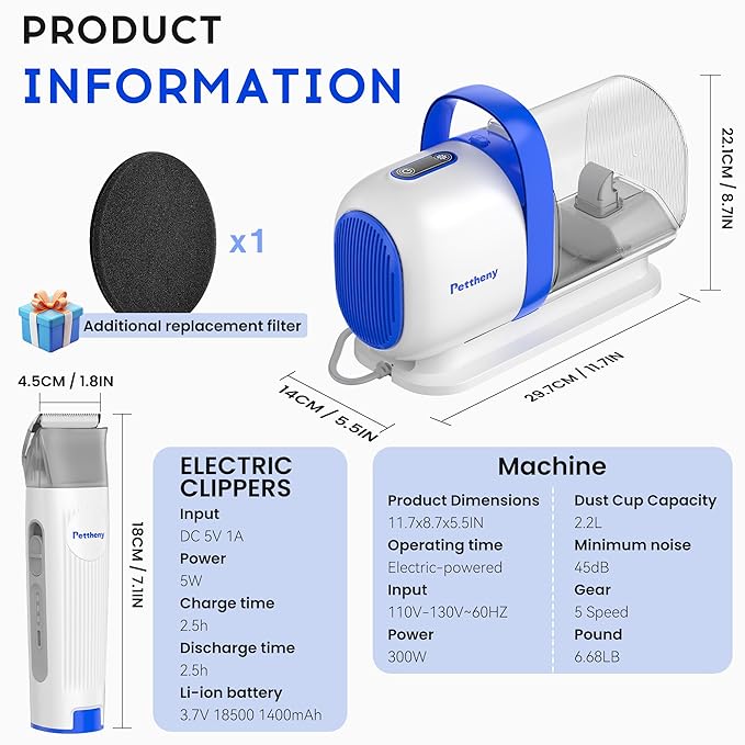 Dog Grooming Vacuum Kit for Dog Hair Shedding with Pet Clipper Nail Grinder, 2.2L Dust Cup Dog Brush Vacuum Fur Groomer with 7 Grooming Tools, Home Cleaning, 5 Suction Levels