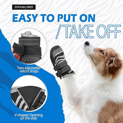 EXPAWLORER Reflective Dog Shoes for Hot Pavement- 4 Pcs Waterproof Dog Booties for Summer with Rubber Sole, Breathable and Anti-Slip Dog Boots & Paw Protectors for Large Dogs Outdoor