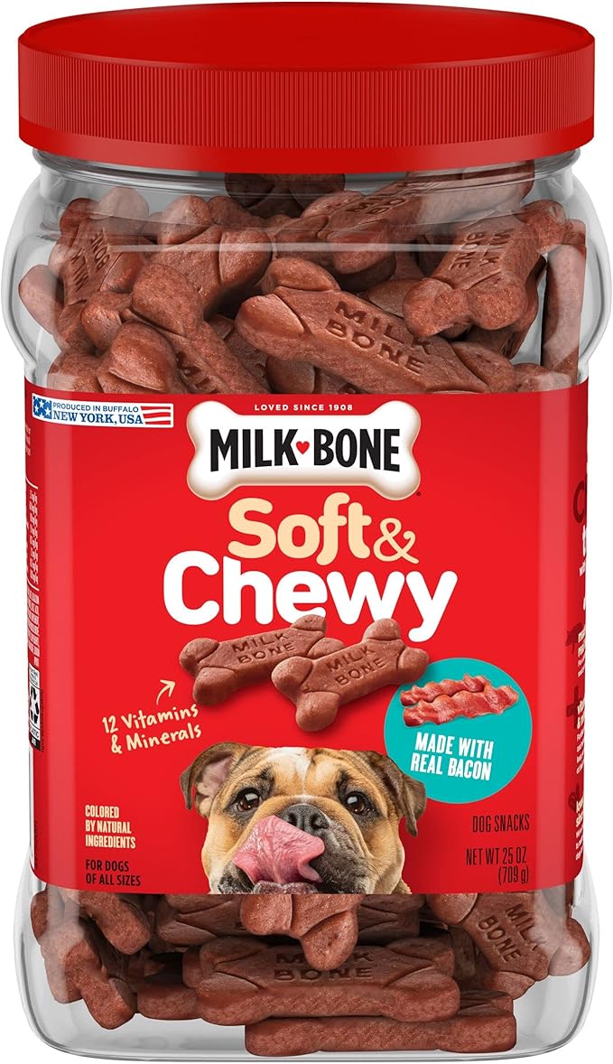 Milk-Bone Soft & Chewy Dog Treats Bundle: Beef & Filet Mignon Recipe 25 Ounce + Real Bacon 25 Ounce