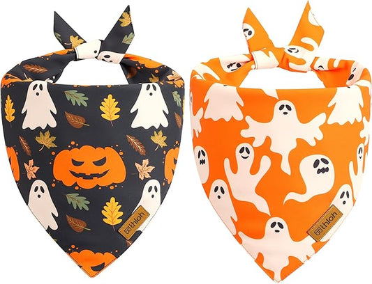 Halloween Dog Bandanas - 2 Pack Fall Dog Bibs | Reversible Pumpkin and Ghost Pet Scarf for Boys and Girls | Premium Durable Fabric | Orange Dog Bandana for Large and Extra Large Dogs (X-Large)