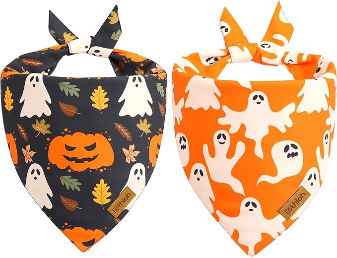 Halloween Dog Bandanas - 2 Pack Fall Dog Bibs | Reversible Pumpkin and Ghost Pet Scarf for Boys and Girls | Premium Durable Fabric | Orange Dog Bandana for Small and Medium Dogs (Small)