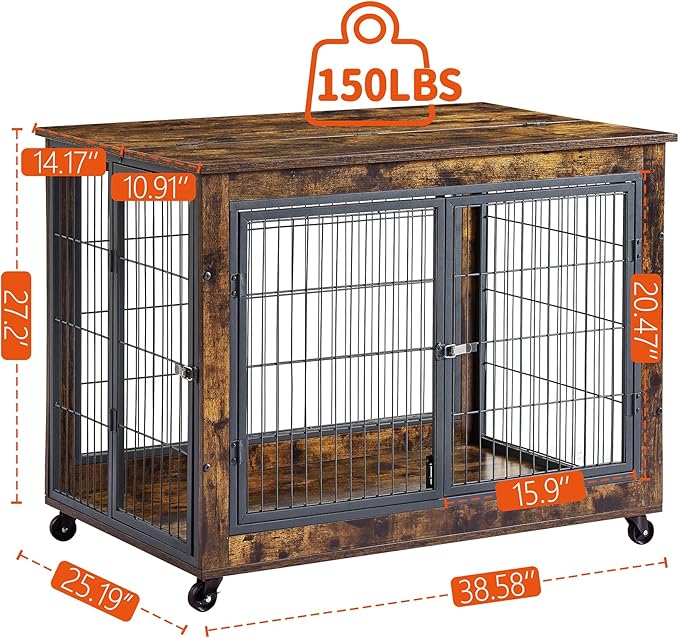 Okak Dog Crate Furniture Wooden Dog Crate With Double Sliding Iron Doors and Lift Top on Casters Heavy-Duty Dog Kennel Indoor for Medium/Large Dog Brown,38.58" L
