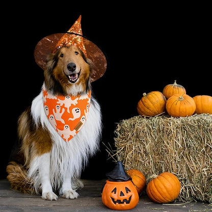 Halloween Dog Bandanas - 2 Pack Fall Dog Bibs | Reversible Pumpkin and Ghost Pet Scarf for Boys and Girls | Premium Durable Fabric | Orange Dog Bandana for Small and Medium Dogs (Small)