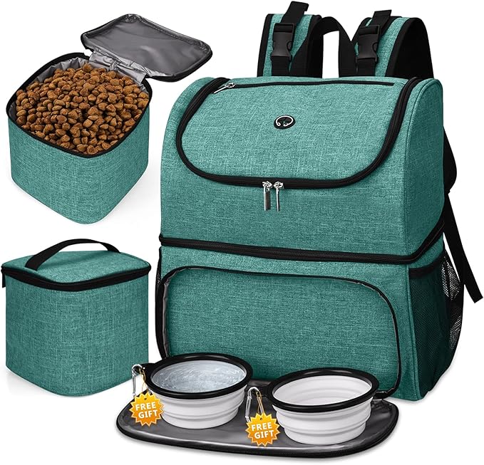 BAGLHER Pet Travel Bag, Double-Layer Pet Supplies Backpack (for All Pet Travel Supplies), Pet Travel Backpack with 2 Silicone Collapsible Bowls and 2 Food Baskets Green