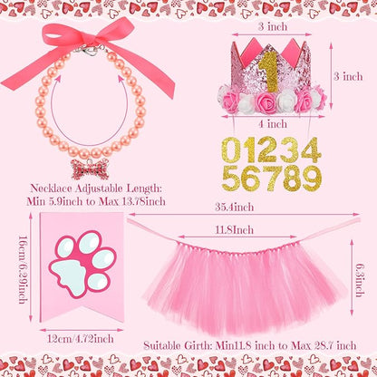 13 Pcs Dog Birthday Party Supplies Decorations Cute Dog Girl Birthday Bandanas Set Pink Tutu Skirt Dog Crown Hat Pearl Necklace Happy Birthday Banner 9 Pink Woof Paw Balloons Toy for Puppy Pet Cat Dog