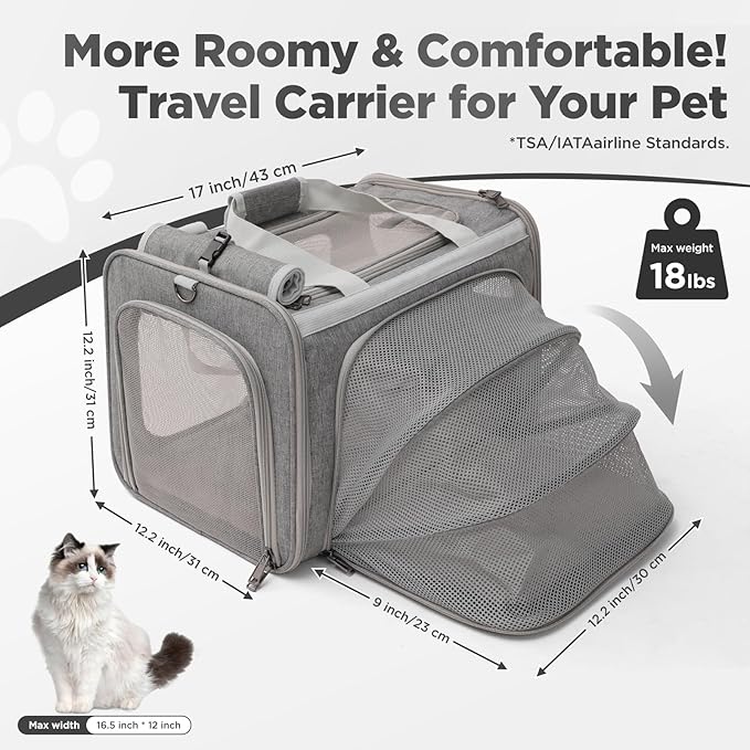 Grey Cat Carrier Small Dog Bag Expandable Puppy Handbag Bunny Rabbit Purse Small Animal Tote Traveling Outdoor Picnic Carry TSA Airline Approved