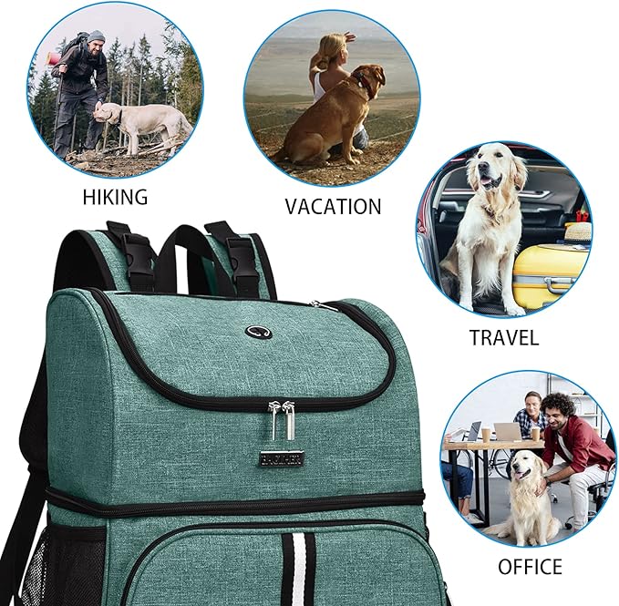 BAGLHER Pet Travel Bag, Double-Layer Pet Supplies Backpack (for All Pet Travel Supplies), Pet Travel Backpack with 2 Silicone Collapsible Bowls and 2 Food Baskets Green