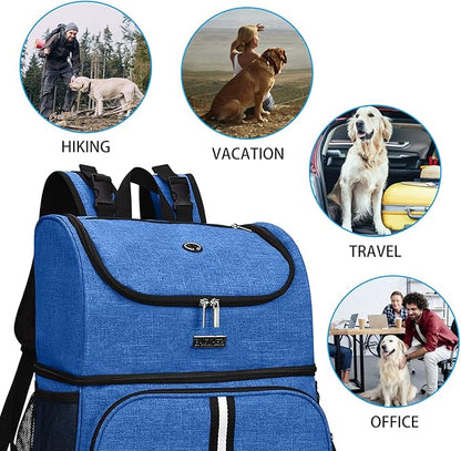 BAGLHER Pet Travel Bag, Double-Layer Pet Supplies Backpack (for All Pet Travel Supplies), Pet Travel Backpack with 2 Silicone Collapsible Bowls and 2 Food Baskets Blue