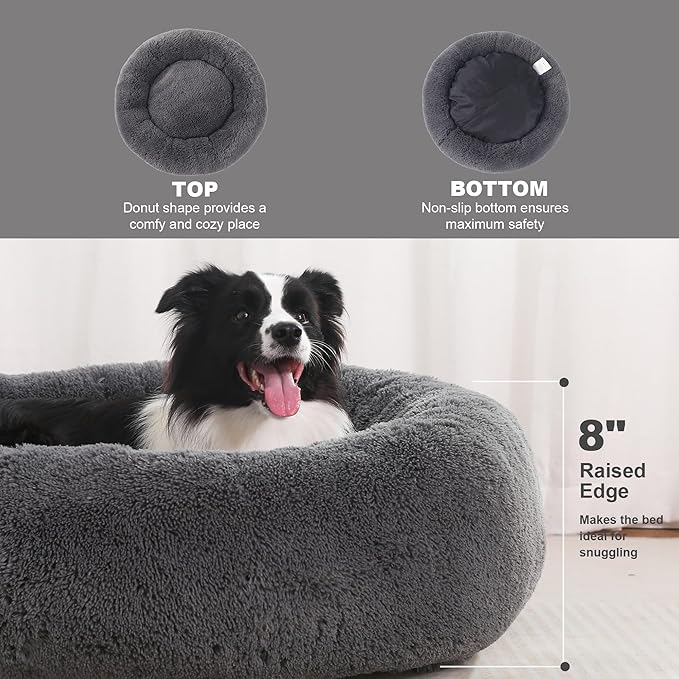 36" Calming Dog Bed with Removable Cover,Anti Anxiety Donut Dog Bed,Plush Round Pet Beds for Large Dogs,Fluffy Faux Fur Dog Bed,Washable Cuddler Dog Bed(Dark Grey,Large)