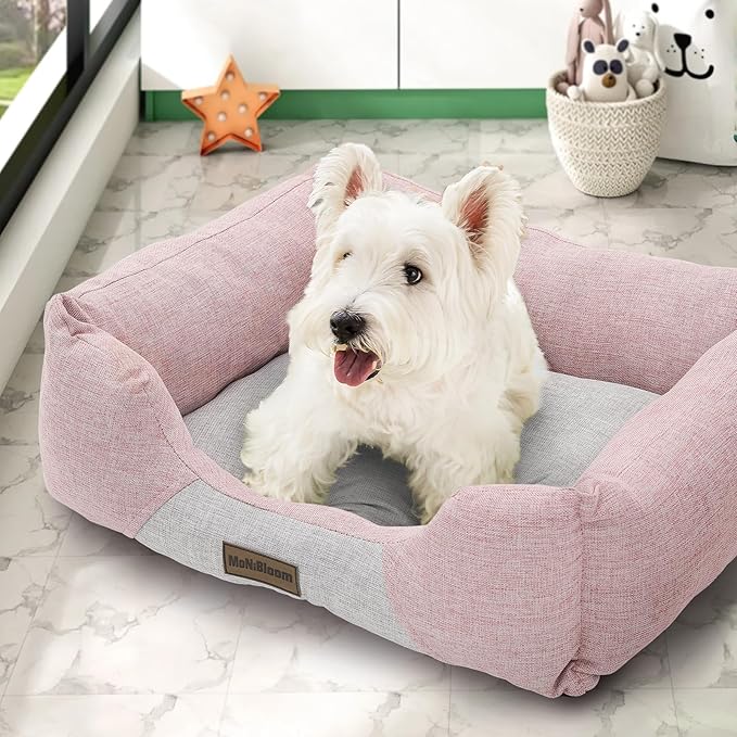 MoNiBloom 20"x17"x6.5" Dog Beds for Small Size Dogs Machine-Washable Linen-Like Fabric Pet Beds Warming Cozy Soft Bed for Dogs and Cat