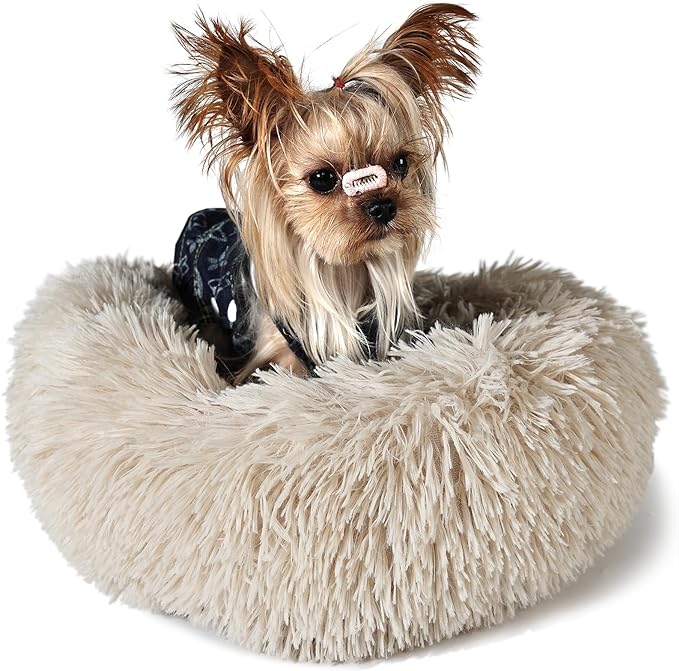 Tiny Dog Bed Extra Small Washable 15 inches Beige Donut Soft Small Dog Bed 5 lbs
