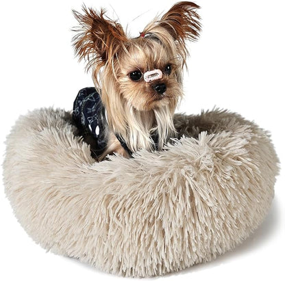 Tiny Dog Bed Extra Small Washable 15 inches Beige Donut Soft Small Dog Bed 5 lbs