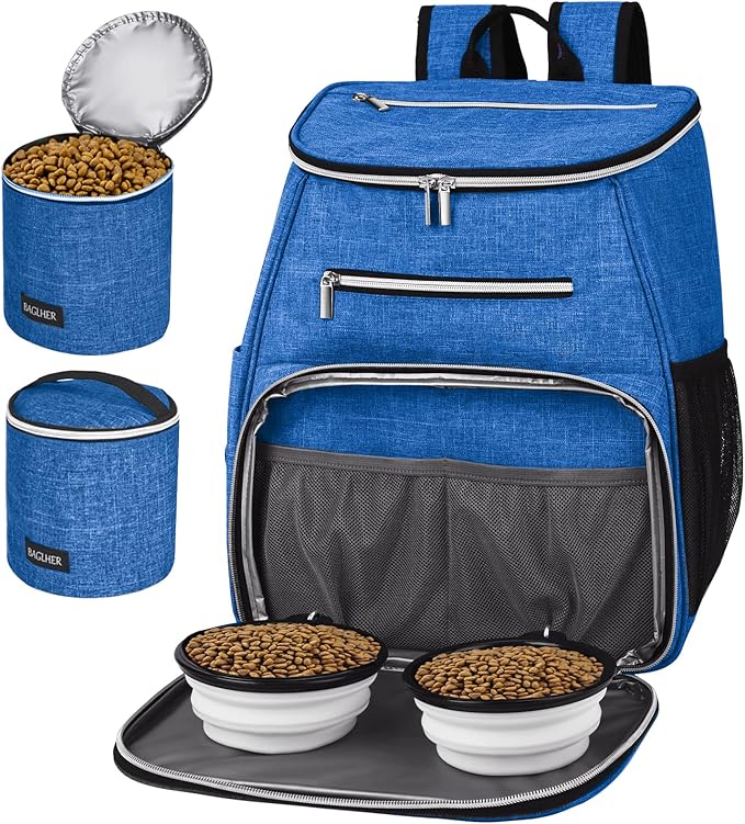 BAGLHER 丨Dog Travel Bag Backpack, Airline Approved Pet Supplies Backpack, Dog Travel Backpack With 2 Silicone Collapsible Bowls and 2 Food Baskets Blue