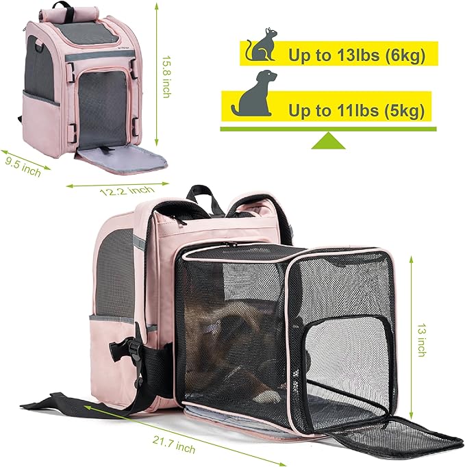 Expandable Pet Carrier, Airline-Approved Foldable and Detachable Backpack, Fits up to 13lbs Cat & 11lbs Small Medium Puppy Dog, Suitable for Car Travel, Outings, Hiking Camping (Pink)