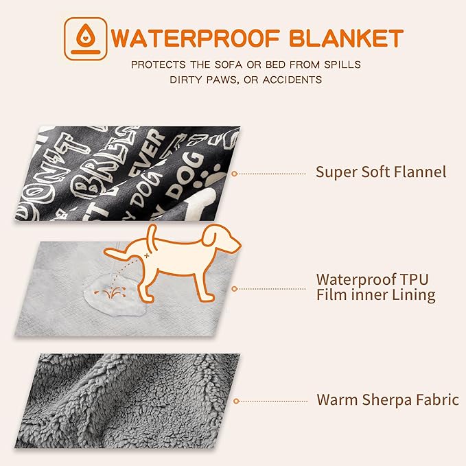 Waterproof Dog Blankets Pet Blanket 50"x60", Soft Fluffy Sofa Car Bed Protector, Reversible Sherpa Fleece Dog Blanket for Large Dogs (Letters)