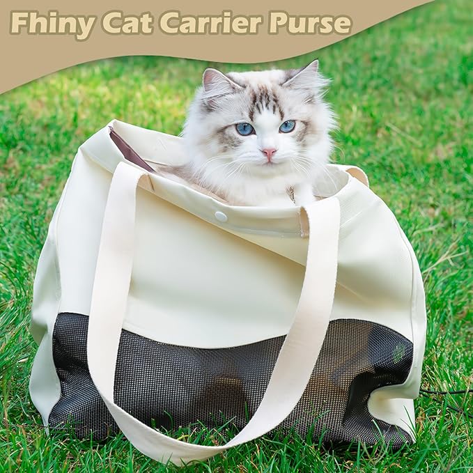 Fhiny Cat Purse Carrier, Small Dog Carrier Tote Breathable Mesh Pet Carrier Bag Soft Sided Adjustable & Foldable Kitten Travel Bag for Cats Kittens Rabbits Small Dogs Shopping Travel (Beige)