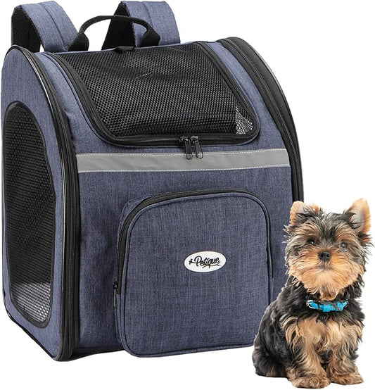 Petique The Backpacker Pet Carrier - Denim: for Small Dogs/Cats/Pets, Storage Pocket, Luggage Handle Slit, Leash Inside, Adjustable Straps, Reversible Mat, 3 Entryways, Folds Flat, Reflective Strip