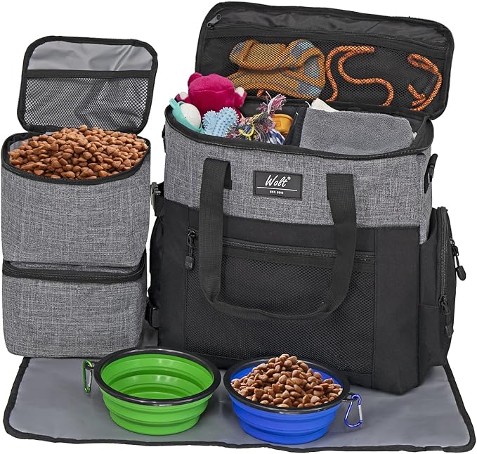 WOLT | Pet Travel Bag Kit for Dog Carrier & Travel, Includes 2 Food Containers + 2 Collapsible Bowls + 1 Placemat, Airline Approved Organizer for Pet Supplies Essentials Camping, Hiking, Weekend Away