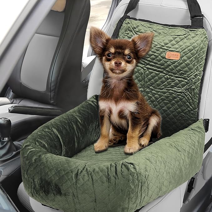 X AUTOHAUX Car Dog Bed Cat Seats Booster Seat Flannel Puppy Bed Back Car Dog Seat Travel Safety Carseat/Carrier Washable Cover with Seat Belt for Medium Small Sized 5-15 lb Green