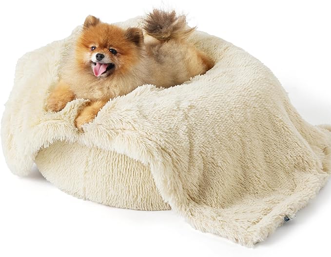 Bedsure Waterproof Dog Blankets for Small Dogs - Calming Cat Blanket for Couch Protector Washable, Long Faux Fur Pet Throw Blanket for Puppy, Reversible Furniture Protection, 25"x35",Cream