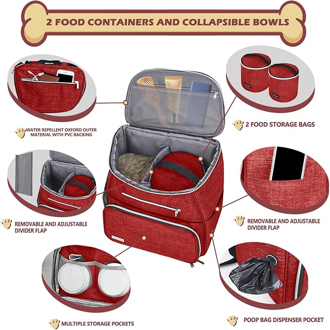 BAGLHER 丨Dog Travel Bag Backpack, Airline Approved Pet Supplies Backpack, Dog Travel Backpack with 2 Silicone Collapsible Bowls and 2 Food Baskets Red