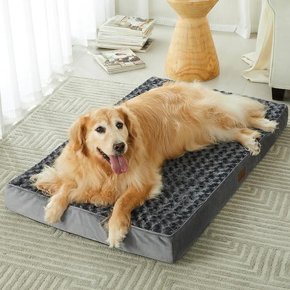 WNPETHOME Orthopedic Large Dog Bed, Dog Bed for Large Dogs with Egg Foam Crate Pet Bed with Soft Rose Plush Waterproof Dog Bed Cover Washable Removable (XXL（54 * 36 * 4in）)