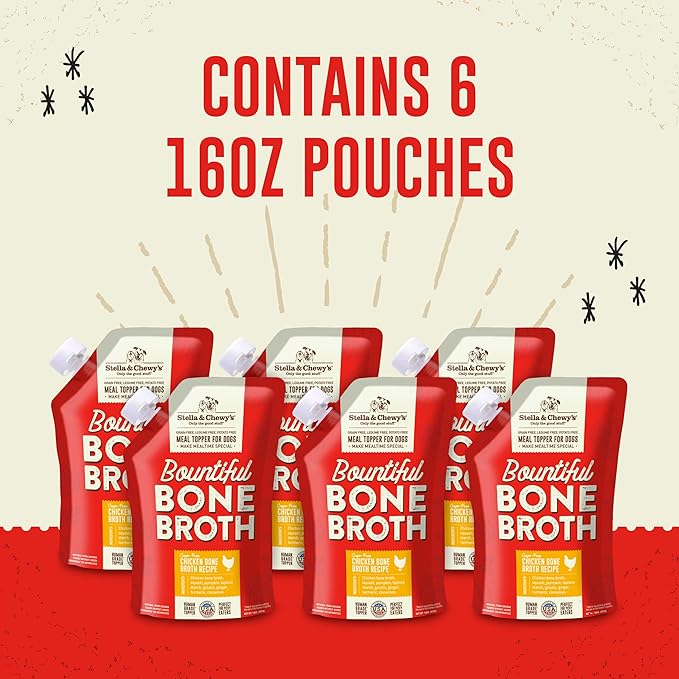 Stella & Chewy's Bountiful Bone Broth Cage-Free Chicken Recipe Meal Topper for Dogs, 16 oz. Resealable Pouch (Pack of 6)
