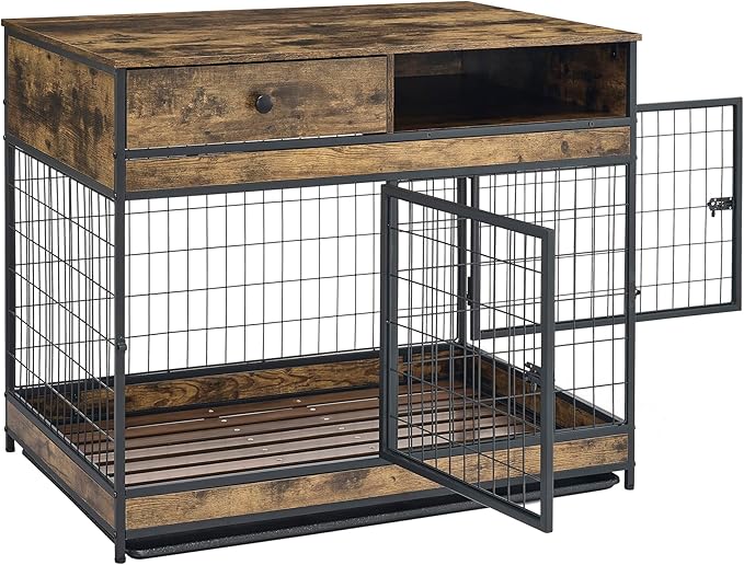 Okak Dog Crate Furniture Wooden Dog Crate Table with Drawers and Wheels Heavy Duty Dog Cage with Double Iron Doors Dog Kennel Indoor for Medium/Large Dog Brown,38.78" L