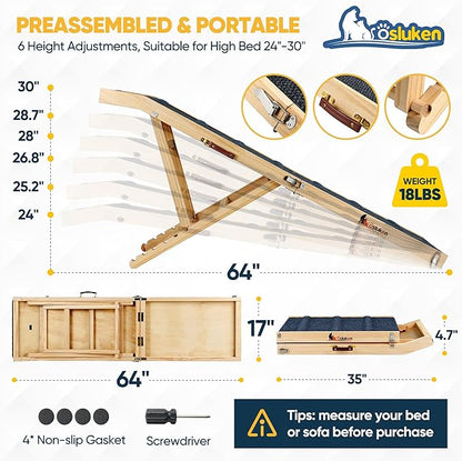 𝟮𝟬𝟮𝟰 𝐔𝐩𝐠𝐫𝐚𝐝𝐞𝐝 Dog Ramp for Bed, 64" Long Foldable Pet Ramp for Small Large Dogs Cats, Dog Ramps for High Beds Car, High Traction with Platform 6 Adjustable Heights 24" to 30" Up to 220LBS