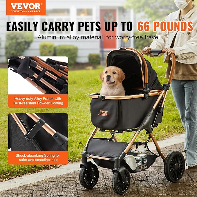 VEVOR 3 in 1 Large Pet Stroller for Dogs Cats Up to 66lbs 4 Wheels 2 Cats