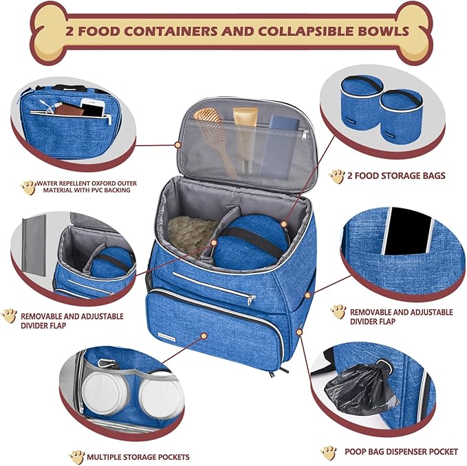 BAGLHER 丨Dog Travel Bag Backpack, Airline Approved Pet Supplies Backpack, Dog Travel Backpack With 2 Silicone Collapsible Bowls and 2 Food Baskets Blue