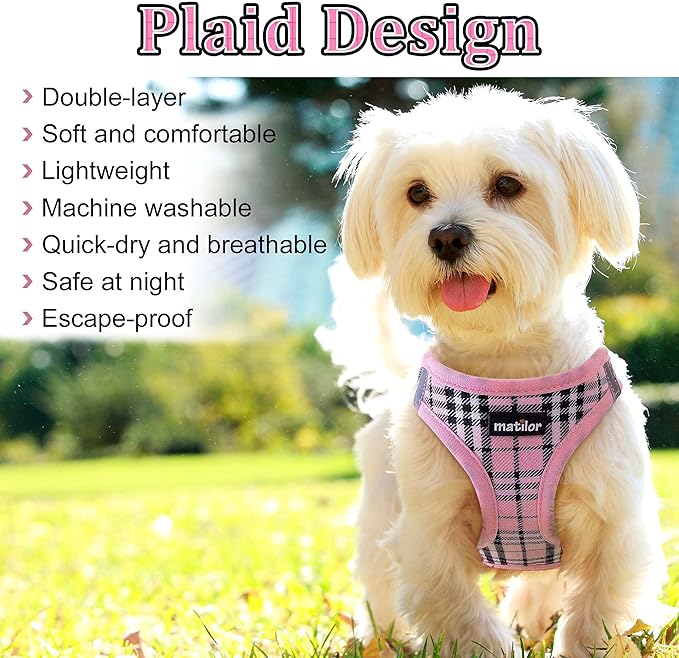 Dog Harness Step-in Breathable Puppy Cat Dog Vest Harnesses for Small Medium Dogs Pink Plaid