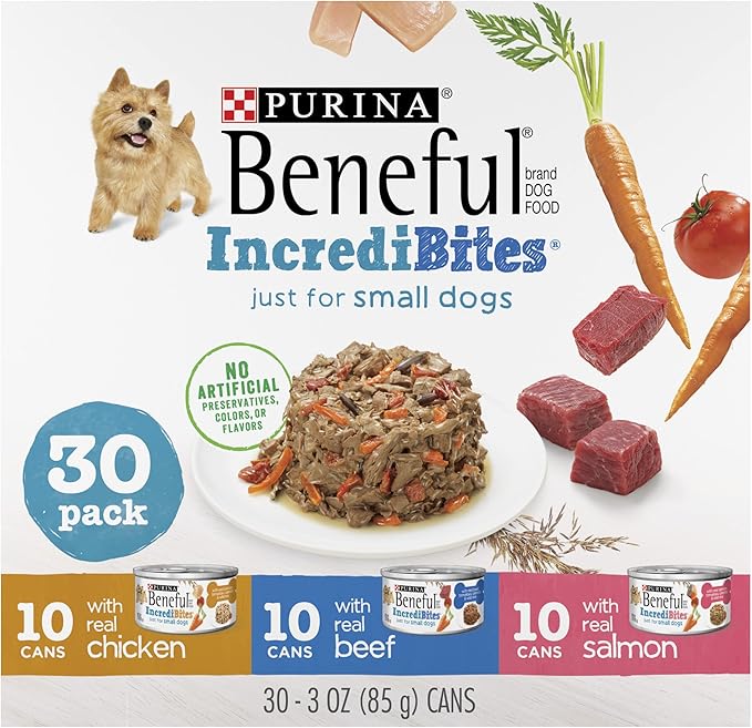 Purina Beneful Small Breed Wet Dog Food Variety Pack, IncrediBites With Real Beef, Chicken or Salmon - (Pack of 30) 3 oz. Cans