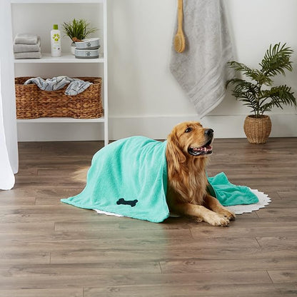 Bone Dry Pet Grooming Towel Collection Absorbent Microfiber X-Large, 41x23.5", Embroidered Green